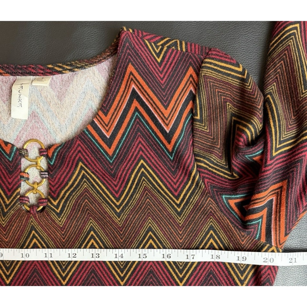 Tacera Chevron Knit Tunic Dress L Large Boho 3/4 Sleeve Gold Hardware Geometric - Picture 6 of 10